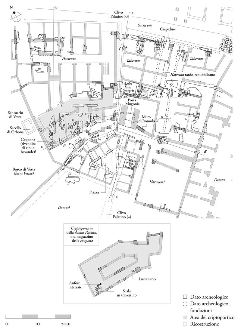 Magazzino (horreum) sulla Sacra via (a meridione), pianta ricostruttiva con dettaglio (a destra l’horreum tardo-repubblicano, che ha accerchiato il tempietto di Giove Statore