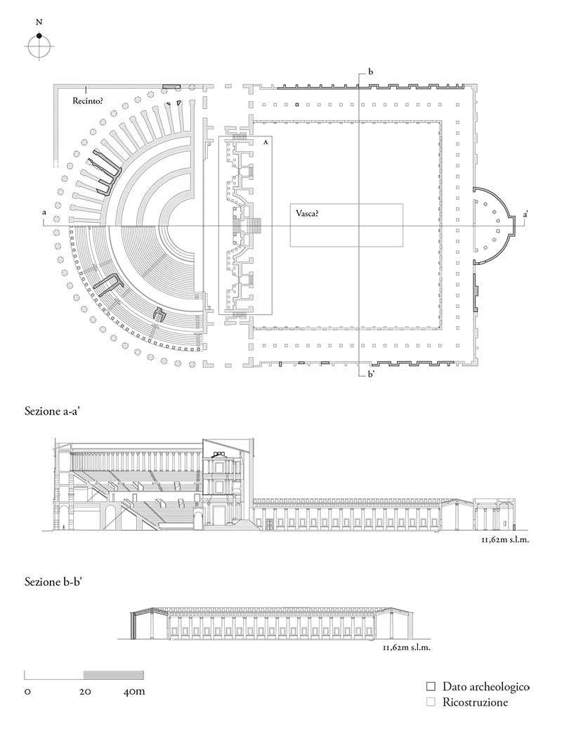 Teatro di Balbo, pianta e sezioni ricostruttive