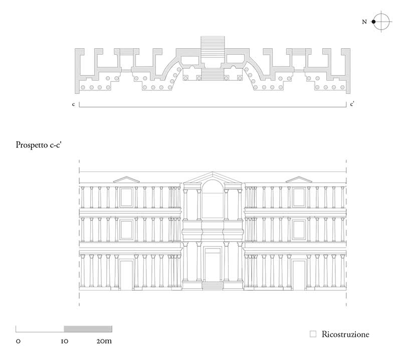 Teatro di Balbo, scaenae frons non conservata, ricostruita secondo il teatro di Orange (dettaglio A); pianta e prospetto