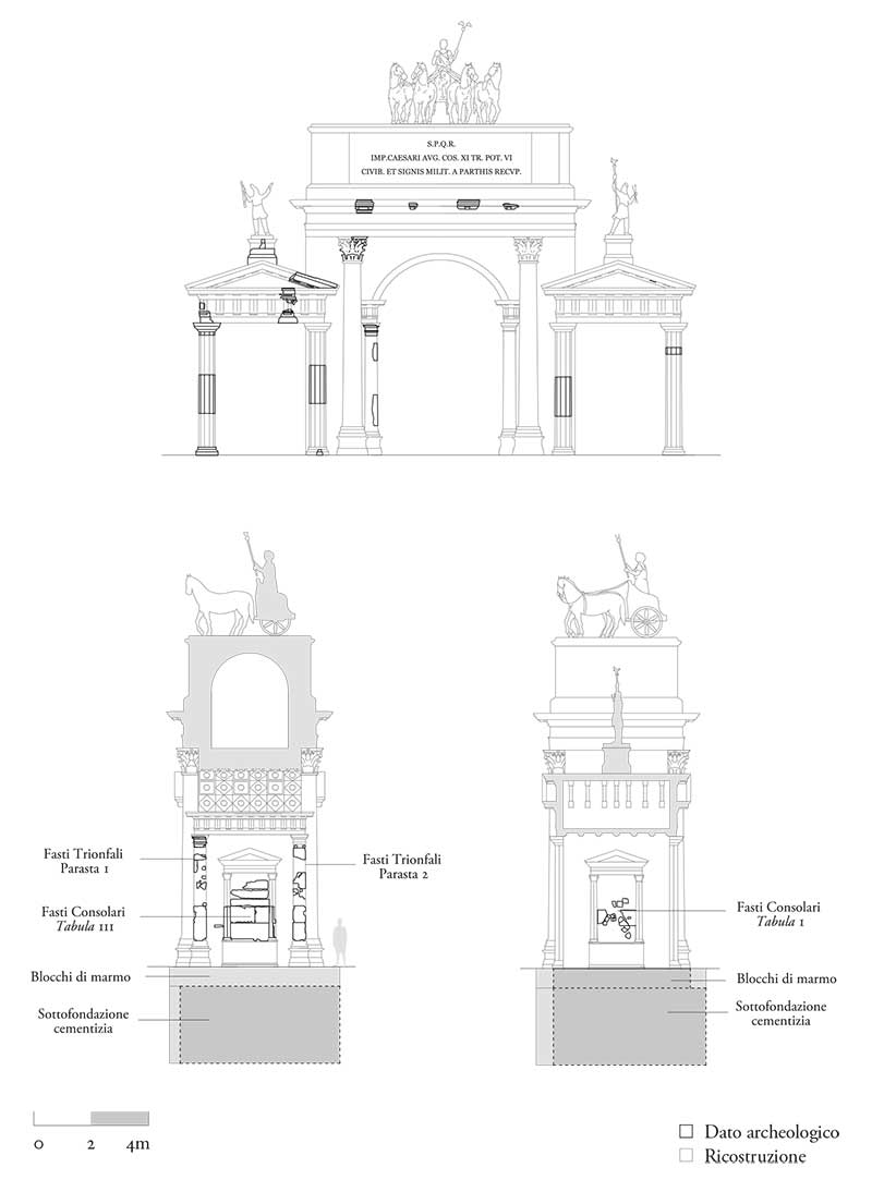 Arco Partico, sezione e prospetti ricostruttivi