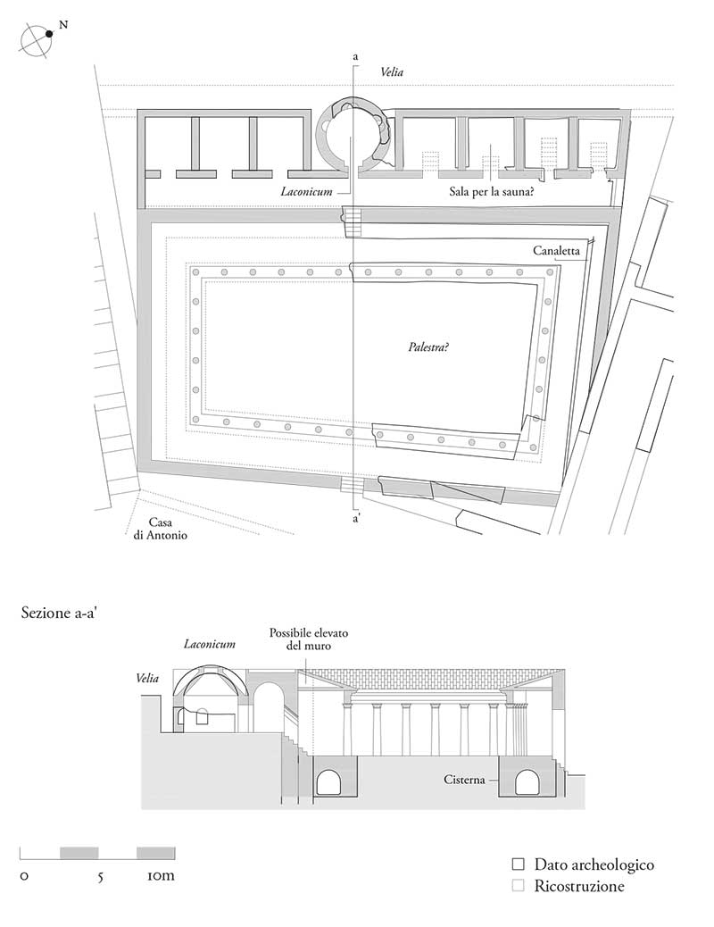 Domus di Pompeo (84a, vedi risguardo posteriore), bagno e palestra, pianta e sezione ricostruttive