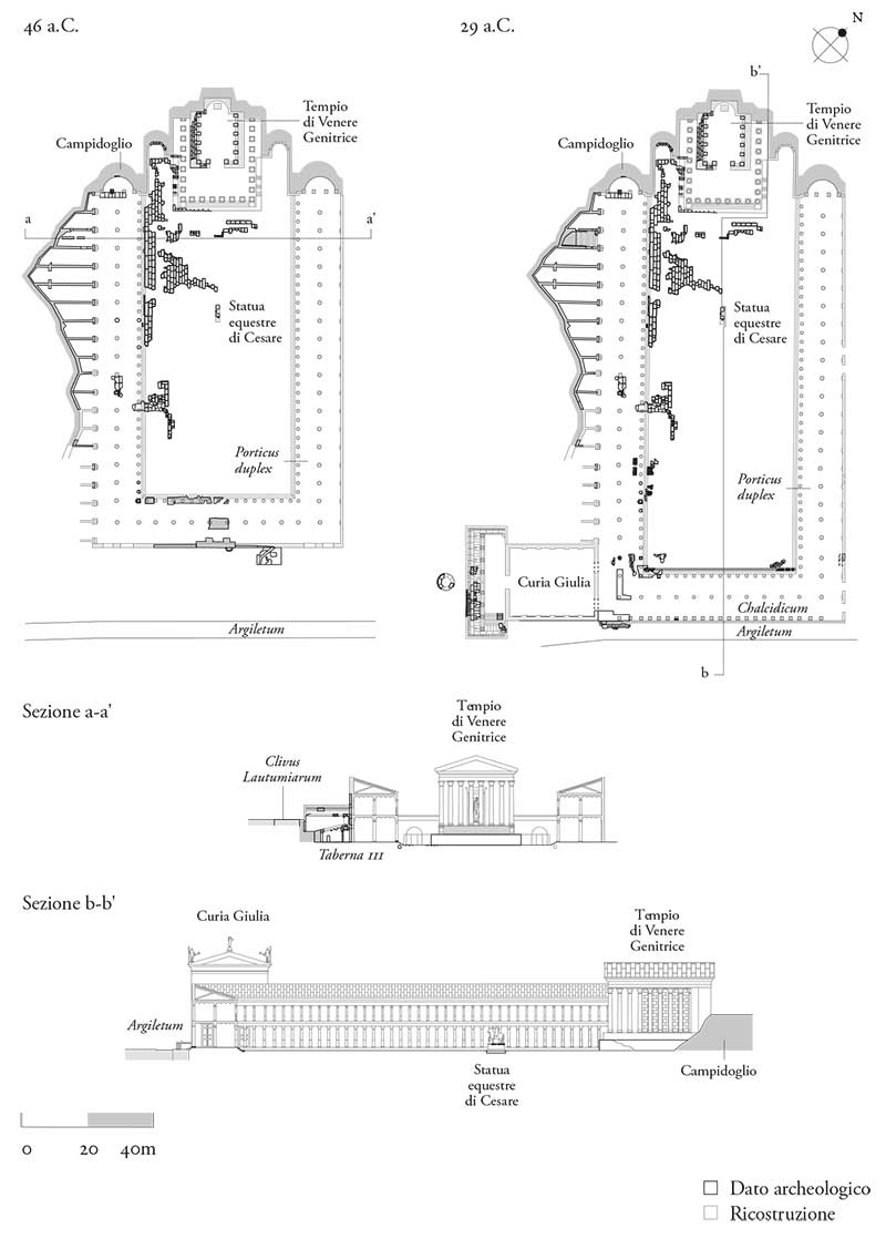 Foro di Cesare, piante e sezioni ricostruttive della fase cesariana (46 a.C.) e dell’intervento augusteo (29 a.C.)