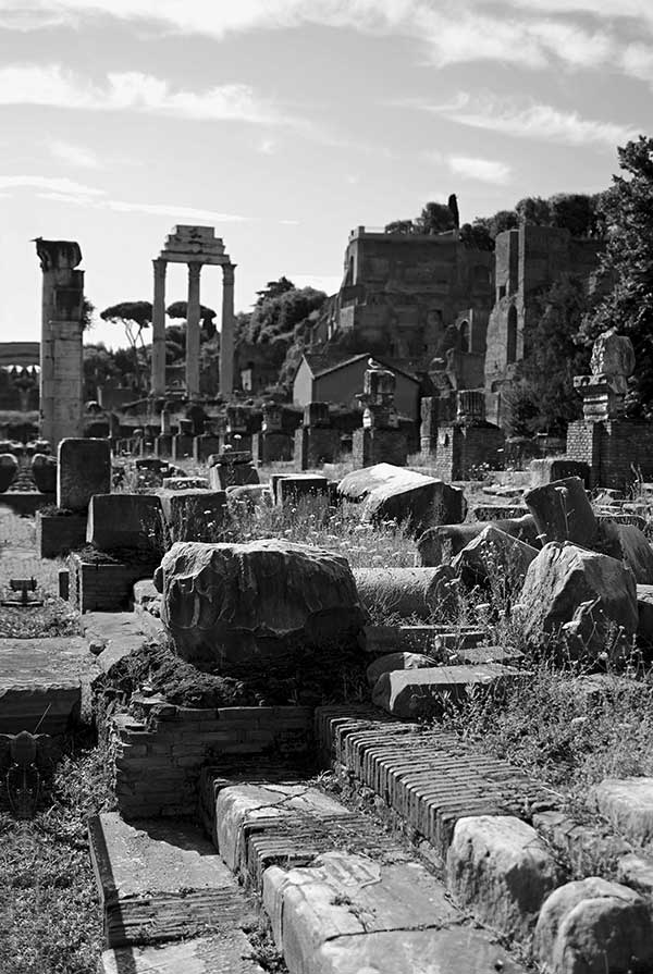 Basilica Giulia vista da ovest, sullo sfondo il Tempio dei Càstori