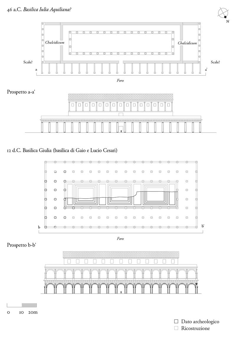 Basilica Giulia, piante e prospetti della basilica di Cesare (46 a.C.) e della ricostruzione di Augusto (12 d.C.)