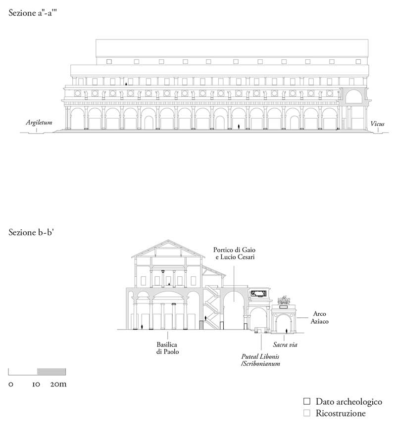 Portico di Gaio e Lucio, di fronte alla Basilica di Paolo, sezioni ricostruttive della basilica