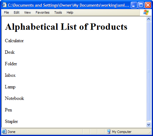 Alphabetical sort of product listing example.