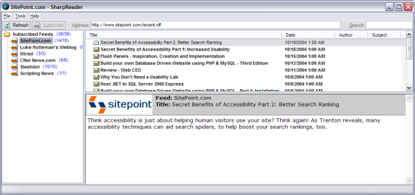 Using SharpReader to view the SitePoint RSS feed.
