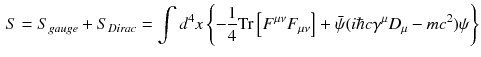 $$\begin{aligned} S = S_{gauge} + S_{Dirac} = \int d^4 x \left\{ - \frac{1}{4}\mathrm {Tr} \left[ F^{\mu \nu } F_{\mu \nu }\right] + \bar{\psi }(i\hbar c \gamma ^\mu D_\mu - m c ^2)\psi \right\} \end{aligned}$$