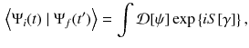 $$\begin{aligned} \left\langle \Psi _i(t) \mid \Psi _f(t') \right\rangle = \int \mathcal {D}[\psi ] \exp \left\{ i S[\gamma ] \right\} , \end{aligned}$$