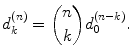 
$$\displaystyle{d_{k}^{(n)} = \binom{n}{k}d_{ 0}^{(n-k)}.}$$
