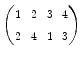 
$$\left (\begin{matrix}\scriptstyle 1&\scriptstyle 2&\scriptstyle 3&\scriptstyle 4 \\ \scriptstyle 2&\scriptstyle 4&\scriptstyle 1&\scriptstyle 3\end{matrix}\right )$$
