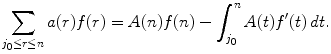 
$$\displaystyle{ \sum _{j_{0}\leq r\leq n}a(r)f(r) = A(n)f(n) -\int _{j_{0}}^{n}A(t)f'(t)\,dt. }$$
