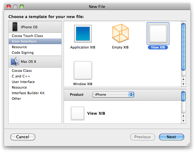 The New File dialog in Xcode