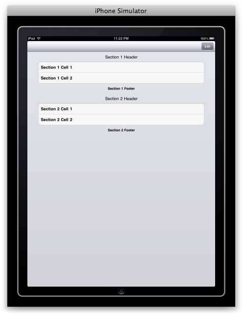 A grouped table view with custom headers and footers for each section