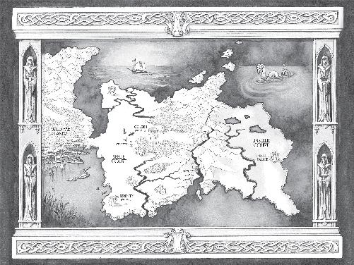 A map showing the wild fae lands to the west, which is connected to a large landmass which contains the Seelie Court to the west, with Serenity Palace on the southwest tip and the Golden Palace and cemetery slighty northeast of the Seelie Court. In the east lie refugee camps, which are separated from the Unseelie Court and Unseelie Palace in the far east by a mountain range