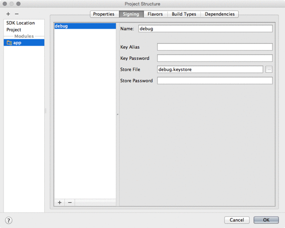 Configuring debug signing key