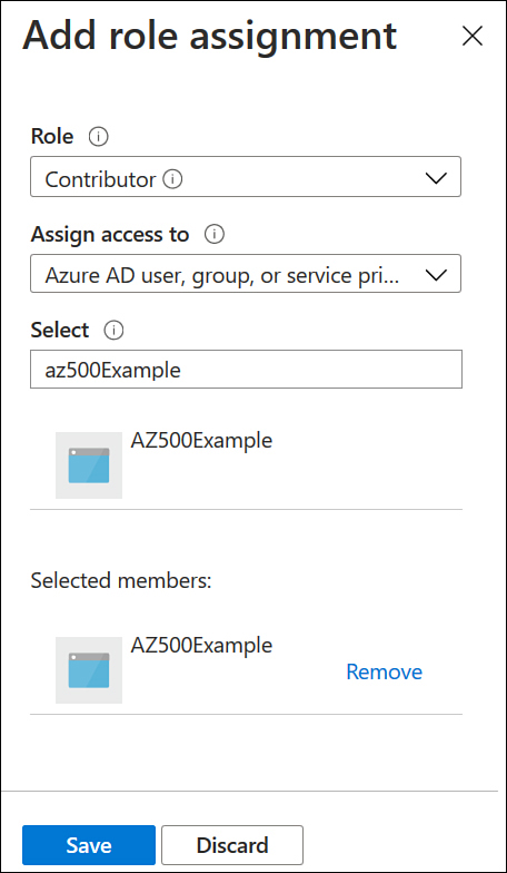 This screenshot shows the Add A Role Assignment dialog box with the Contributor role being assigned to the az500Example application.