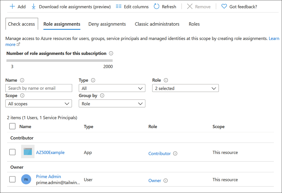 This screenshot shows the Check Access tab, where role assignments are checked at the subscription level.