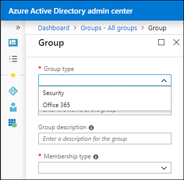 This screenshot shows creating a group in the Azure AD console.