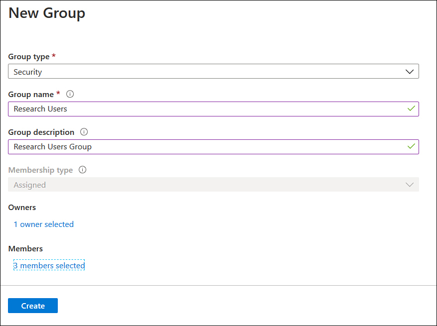 This screenshot shows the New Group page, where you choose the Group Type, Group Name, and Group Description.