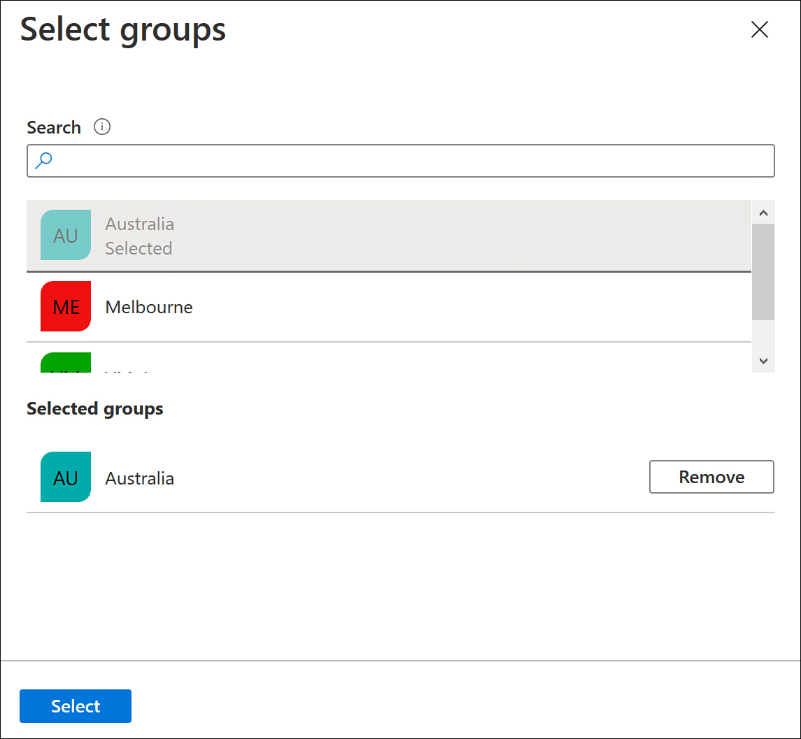 This screenshot shows the Select Group dialog box; the Australia group is selected.