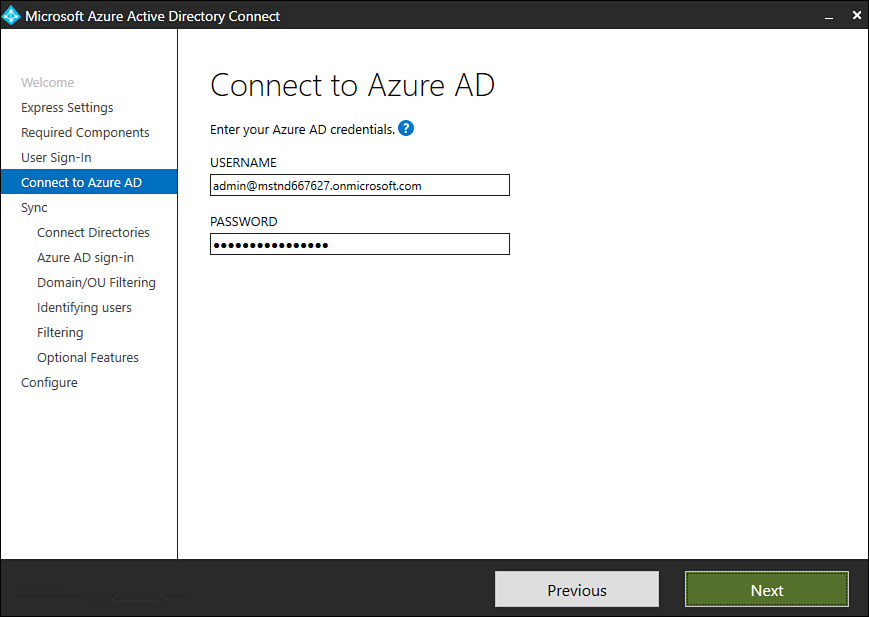 This screenshot shows the Connect To Azure AD page of the Azure AD Connect setup wizard.