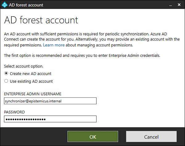 This screenshot shows the AD Forest Account page of the Azure AD Connect setup wizard.