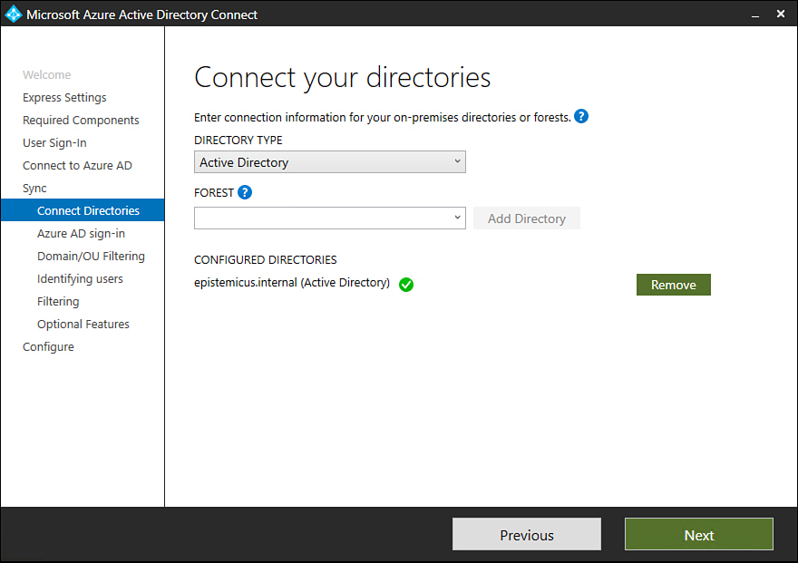 This screenshot shows the Connect Your Directories page of the Azure AD Connect setup wizard.