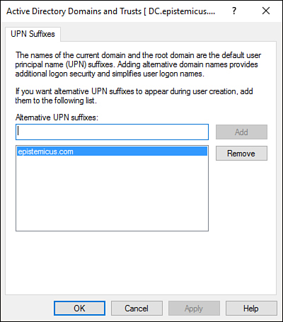 This screen shot shows the Active Directory Domains and Trusts dialog box. The UPN Suffixes tab shows the epistemicus.com routable domain.