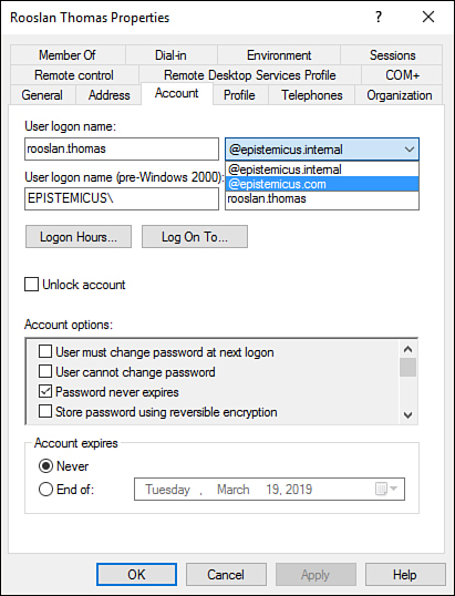 This screenshot shows the UPN configuration of a user account being performed on the Account tab of the user’s Properties dialog box. Under Account Options, Password Never Expires has been chosen.