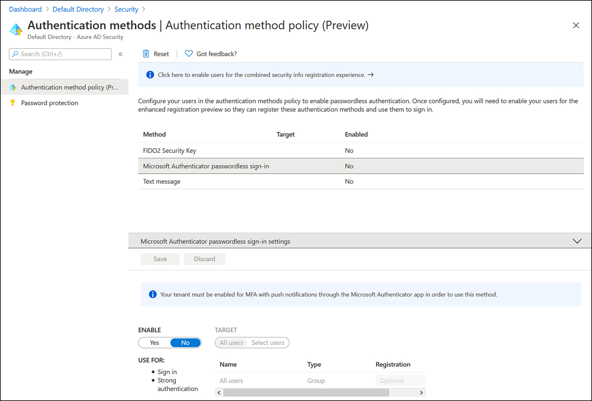 This screenshot shows the Authentication methods page of the Azure AD administrative portal. The Microsoft Authenticator passwordless sign-in authentication method is selected but is not currently enabled.