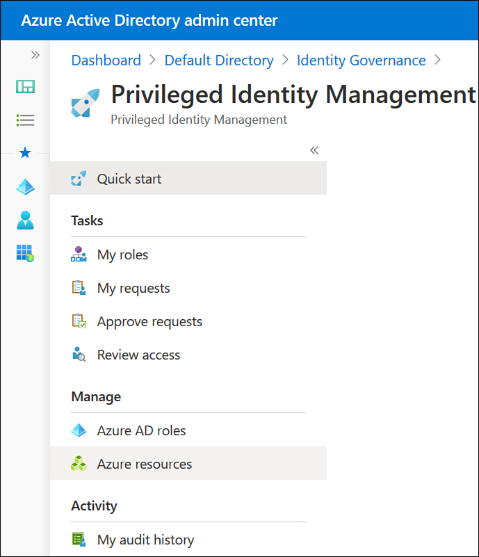 This screenshot shows the Azure resources area of the Privileged Identity Management blade.