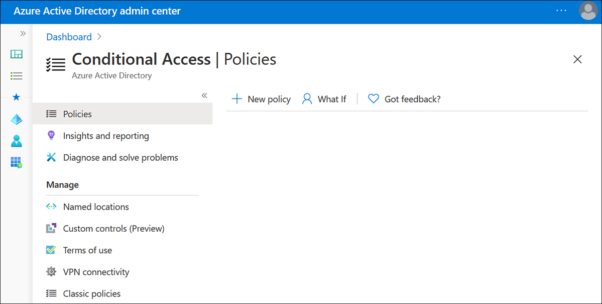 This screenshot shows the Conditional Access Policies page in Azure Active Directory admin center.