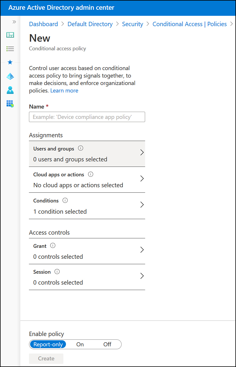 This screenshot shows the New Conditional Access Policy page. No options have been selected.