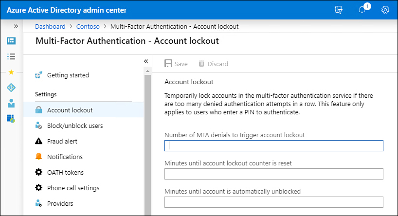 This screenshot shows the Multi-Factor Authentication — Account Lockout settings blade in Azure AD admin center.