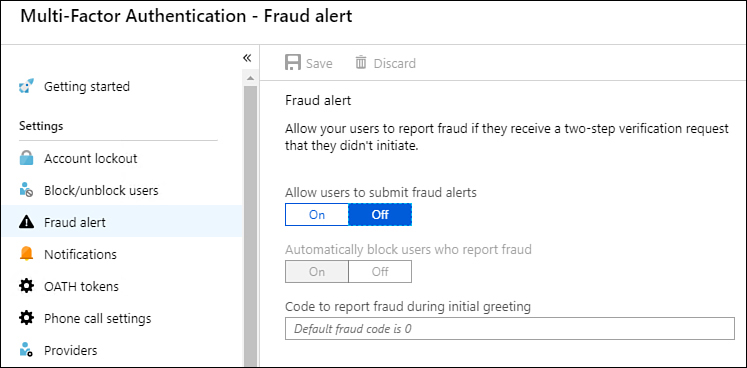 This screenshot shows the Fraud Alert settings for multifactor authentication in Azure AD admin center.