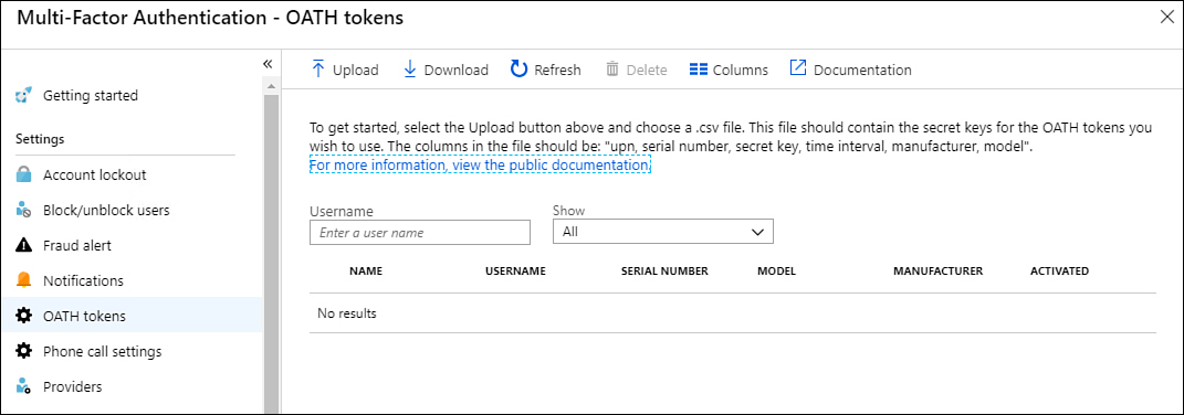 This screenshot shows the OATH Tokens section of the Multi-Factor Authentication settings in the Azure AD admin center.