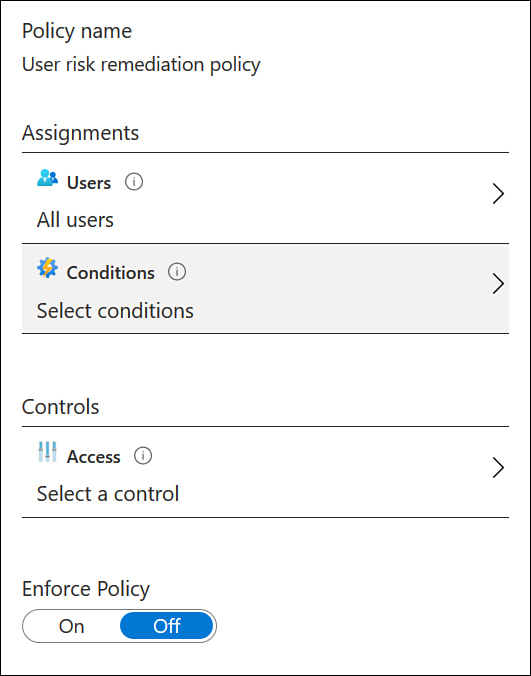 This screenshot shows a user risk remediation policy with no policy options configured.