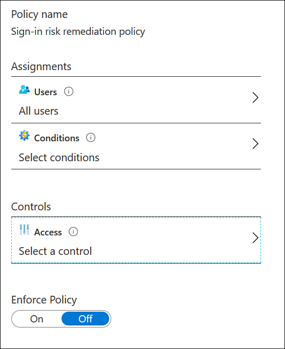 This screenshot shows a sign-in risk remediation policy with no policy options configured.