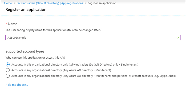 This screenshot shows the list of supported account types, with the default option, Accounts In This Organizational Directory Only, selected, which will use single tenancy.