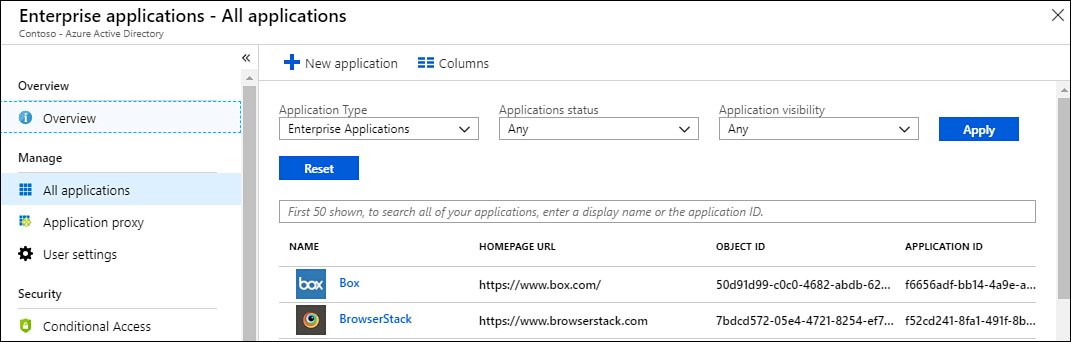 This screenshot shows the All Applications section of Azure AD enterprise applications in Azure AD admin center.