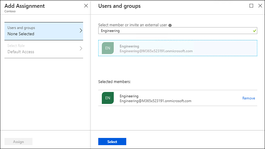 This screenshot shows the Engineering group selected for a group assignment. The Select button appears at the bottom of the screen.