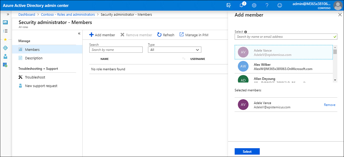 This screenshot shows members of the Security Administrators role.