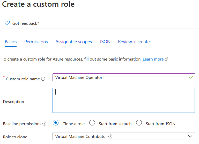 This screenshot shows the Basics tab of the Create A Custom Role wizard. The Clone A Role option is selected, and the Virtual Machine Contributor role is being cloned.