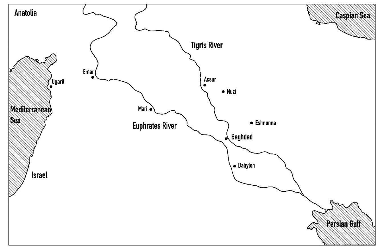 Black and white map showing the ancient Near East, including the Euphrates and Tigris rivers, the Mediterranean Sea, and Persian Gulf.