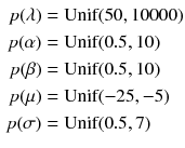 $$\begin{aligned} p(\lambda )&= \text {Unif}(50, 10 000)\\ p(\alpha )&= \text {Unif}(0.5, 10)\\ p(\beta )&= \text {Unif}(0.5, 10)\\ p(\mu )&= \text {Unif}(-25, -5)\\ p(\sigma )&= \text {Unif}(0.5, 7) \end{aligned}$$