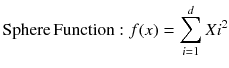 $$ {\text{Sphere}}\,{\text{Function}}:f(x) = \mathop \sum \limits_{i = 1}^{d} Xi^{2} $$