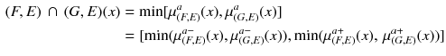 $$ \begin{aligned} (F,E)\, \cap \,(G,E)(x) & = \hbox{min} [\mu_{(F,E)}^{a} (x),\mu_{(G,E)}^{a} (x)] \\ & = [\hbox{min} (\mu_{(F,E)}^{a - } (x),\mu_{(G,E)}^{a - } (x)),\hbox{min} (\mu_{(F,E)}^{a + } (x),\,\mu_{(G,E)}^{a + } (x))] \\ \end{aligned} $$