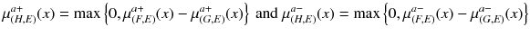 $$ \mu_{(H,E)}^{a + } (x) = \hbox{max} \left\{ {0,\mu_{(F,E)}^{a + } (x) - \mu_{(G,E)}^{a + } (x)} \right\}{\text{ and }}\mu_{(H,E)}^{a - } (x) = \hbox{max} \left\{ {0,\mu_{(F,E)}^{a - } (x) - \mu_{(G,E)}^{a - } (x)} \right\} $$