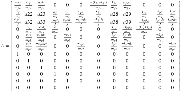 $$ A = \left[ {\begin{array}{*{20}c} {\frac{{ - \alpha_{f} }}{{m_{fu} }}} & {\frac{{\alpha_{f} }}{{m_{fu} }}} & {\frac{{\alpha_{f} l_{1} }}{{m_{fu} }}} & 0 & 0 & 0 & {\frac{{ - (k_{fs} + k_{ft} )}}{{m_{fu} }}} & {\frac{{k_{fs} }}{{m_{fu} }}} & {\frac{{k_{fs} l_{1} }}{{m_{fu} }}} & 0 & 0 & 0 \\ {\frac{{\alpha_{f} }}{{m_{s} }}} & {a22} & {a23} & {\frac{{\alpha_{r} }}{{m_{s} }}} & {\frac{{c_{p1} }}{{m_{s} }}} & {\frac{{c_{p2} }}{{m_{s} }}} & {\frac{{k_{fs} }}{{m_{s} }}} & {a28} & {a29} & {\frac{{k_{rs} }}{{m_{s} }}} & {\frac{{k_{p1} }}{{m_{s} }}} & {\frac{{k_{p2} }}{{m_{s} }}} \\ {\frac{{\alpha_{f} l_{1} }}{J}} & {a32} & {a33} & {\frac{{ - \alpha_{r} l_{2} }}{J}} & {\frac{{c_{p1} d_{1} }}{J}} & {\frac{{ - c_{p2} d_{2} }}{J}} & {\frac{{ - k_{fs} l_{1} }}{J}} & {a38} & {a39} & {\frac{{ - k_{rs} l_{2} }}{J}} & {\frac{{k_{p1} d_{1} }}{J}} & {\frac{{k_{p2} d_{2} }}{J}} \\ 0 & {\frac{{\alpha_{r} }}{{m_{ru} }}} & {\frac{{ - \alpha_{r} l_{2} }}{{m_{ru} }}} & {\frac{{ - \alpha_{r} }}{{m_{ru} }}} & 0 & 0 & 0 & {\frac{{k_{rs} }}{{m_{ru} }}} & {\frac{{ - k_{rs} l_{2} }}{{m_{ru} }}} & {\frac{{ - (k_{rs} + k_{rt} )}}{{m_{ru} }}} & 0 & 0 \\ 0 & {\frac{{c_{p1} }}{{m_{p1} }}} & {\frac{{c_{p1} d_{1} }}{{m_{p1} }}} & 0 & {\frac{{ - c_{p1} }}{{m_{p1} }}} & 0 & 0 & {\frac{{k_{p1} }}{{m_{p1} }}} & {\frac{{k_{p1} d_{1} }}{{m_{p1} }}} & 0 & {\frac{{ - k_{p1} }}{{m_{p1} }}} & 0 \\ 0 & {\frac{{c_{p2} }}{{m_{p2} }}} & {\frac{{ - c_{p2} d_{2} }}{{m_{p2} }}} & 0 & 0 & {\frac{{ - c_{p2} }}{{m_{p2} }}} & 0 & {\frac{{k_{p2} }}{{m_{p2} }}} & {\frac{{ - k_{p2} d_{2} }}{{m_{p2} }}} & 0 & 0 & {\frac{{ - k_{p2} }}{{m_{p2} }}} \\ 1 & 0 & 0 & 0 & 0 & 0 & 0 & 0 & 0 & 0 & 0 & 0 \\ 0 & 1 & 0 & 0 & 0 & 0 & 0 & 0 & 0 & 0 & 0 & 0 \\ 0 & 0 & 1 & 0 & 0 & 0 & 0 & 0 & 0 & 0 & 0 & 0 \\ 0 & 0 & 0 & 1 & 0 & 0 & 0 & 0 & 0 & 0 & 0 & 0 \\ 0 & 0 & 0 & 0 & 1 & 0 & 0 & 0 & 0 & 0 & 0 & 0 \\ 0 & 0 & 0 & 0 & 0 & 1 & 0 & 0 & 0 & 0 & 0 & 0 \\ \end{array} } \right] $$